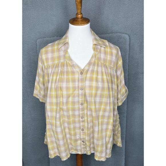 Easel Oversized Plaid Pullover Shirt Womens S Raw Hem Distressed Boho Hippie - Picture 7 of 12